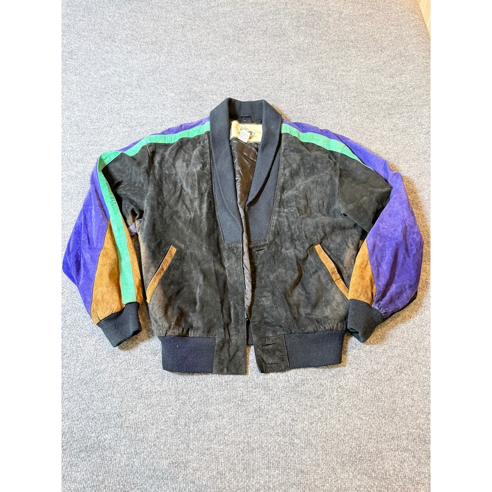 Vtg Egdon Heath Suede Leather Bomber Jacket 90s Colorblock Shawl Coat